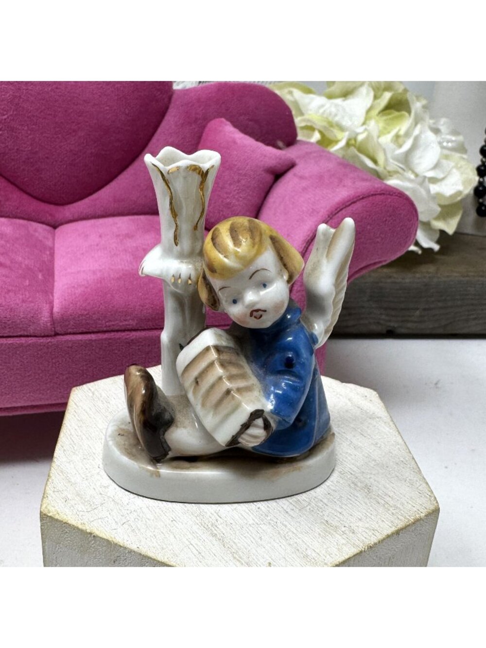 Vintage Hand-Painted Ceramic Angel Small Vase Occupied Japan 3" tall